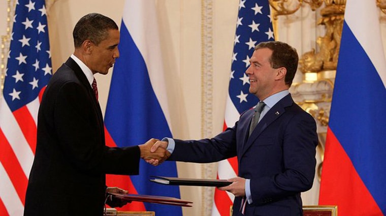 Obama and Medvedev at the New START signing in 2010