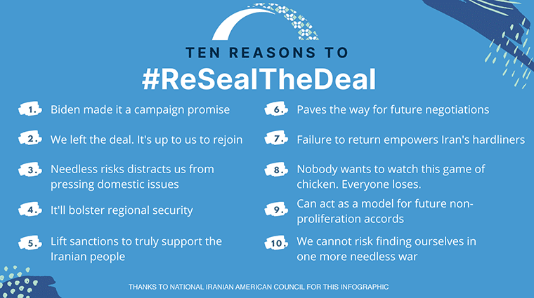 Ten Reasons to ReSeal the Deal: 1 Biden campaign promise 2 we left, it's up to us to rejoin 3 needless risks are distracting 4 will bolster regional security 5 lift sanctions to support Iranians 6 paves the way for negotiations 7 failure empowers Iran's hardliners 8 everyone loses a game of chicken 9 can act as a model 10 can't risk needless war