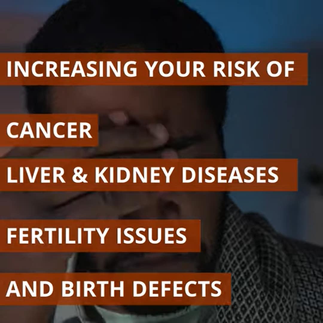 Screenshot of video reading "Increasing your risk of cancer, liver & kidney diseases, fertility issues, and birth defects"