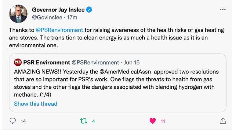 @GovInslee tweet: Thanks to @PSRenvironment for raising awareness of the health risks of gas heating and stoves. The transition to clean energy is as much a health issue as it is an environmental one.