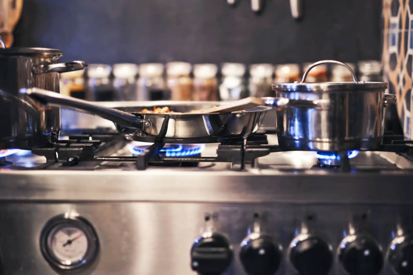 pans on a gas stove top