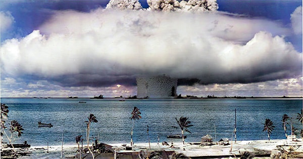Colorized photo of nuclear test at Bikini Atoll