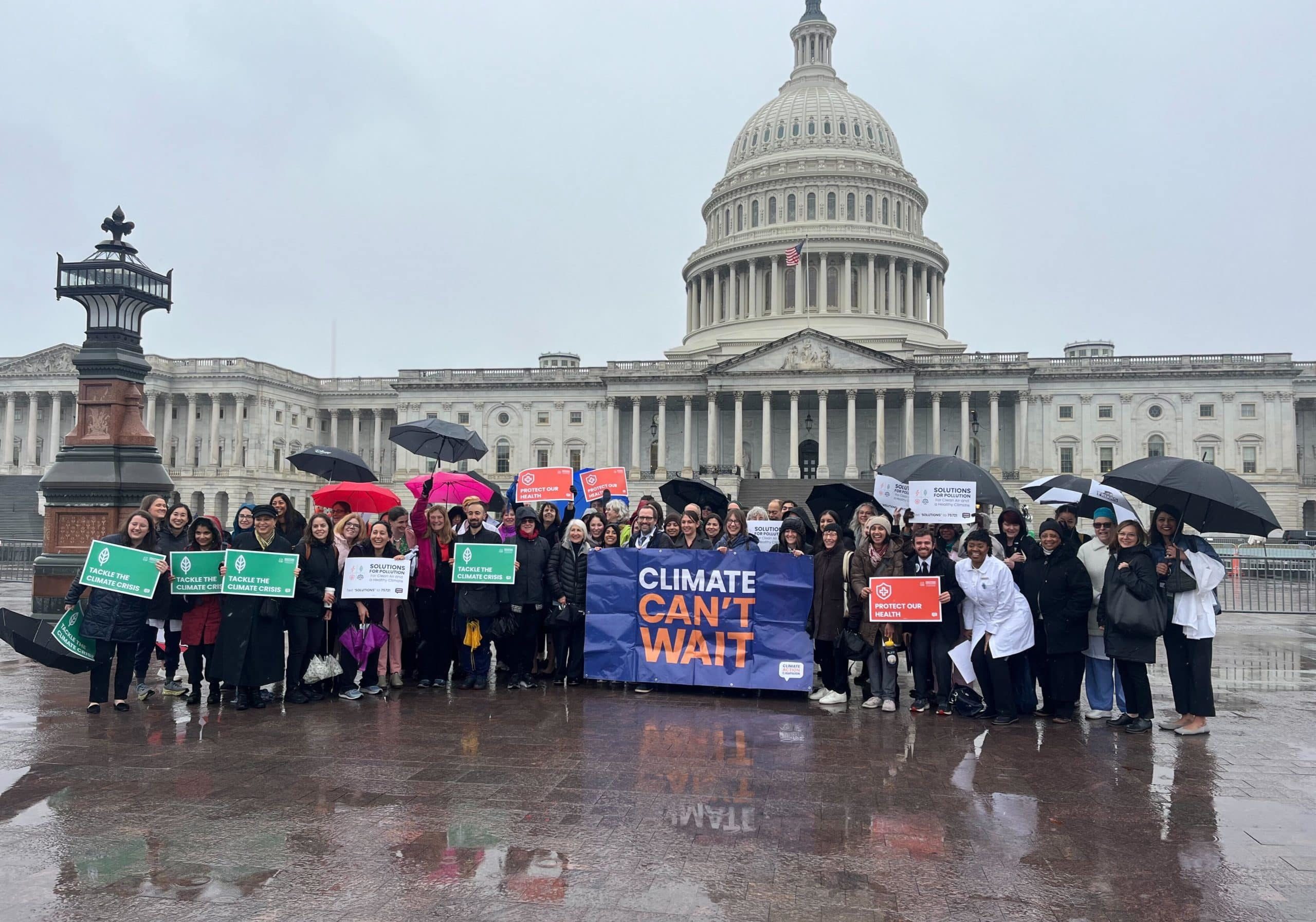 Dozens of health professionals and Climate Action Campaign staff came together outside the Capitol despite the weather to announce their arrival in DC.