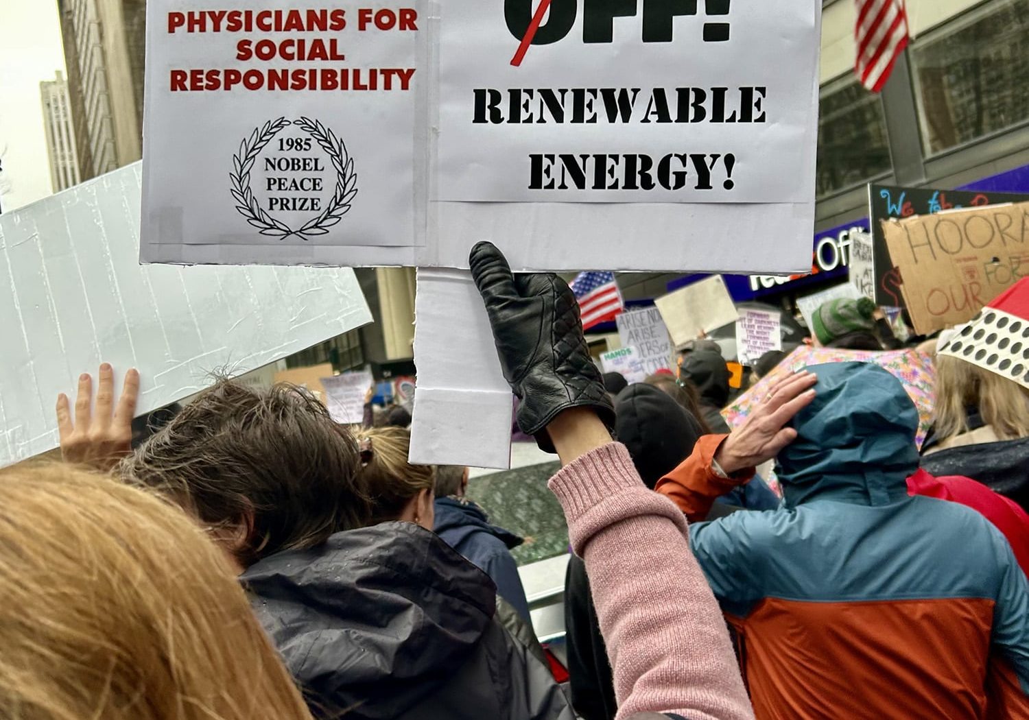 PSR activist holding sign reading "Hands Off Renewable Energy"