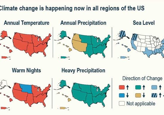 Series of U.S. maps showing effects of climate change by region (temperature, precipitation, sea level)
